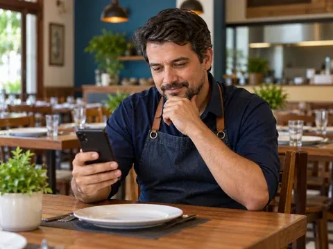 Dono de restaurante lendo no celular a cotação de cilindros P45