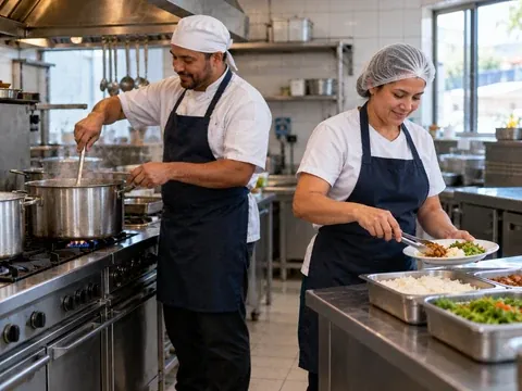 Cozinheiros preparando pratos na cozinha de um restaurante em funcionamento