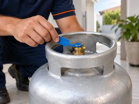 Lacre de segurança intacto na válvula de um botijão de gás P13