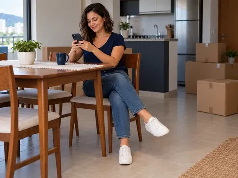 Pessoa recém-mudada lendo no celular o preço do botijão completo