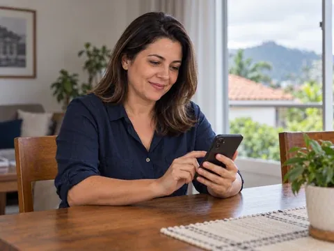 Pessoa lendo no celular a resposta com o preço do botijão de gás