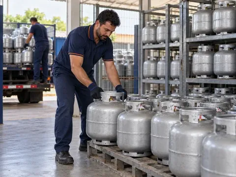 Botijões de gás lacrados organizados em área de armazenamento de revenda