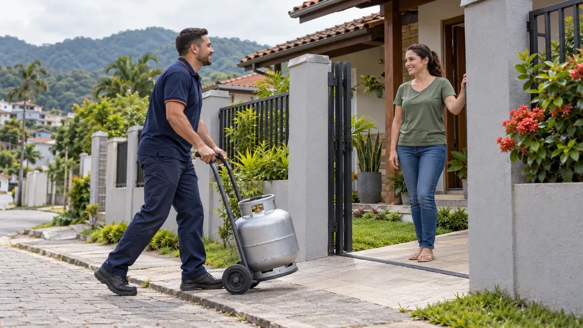 Entregador de gás levando um botijão P13 no carrinho pela calçada até a moradora que espera no portão, em rua residencial com morros ao fundo