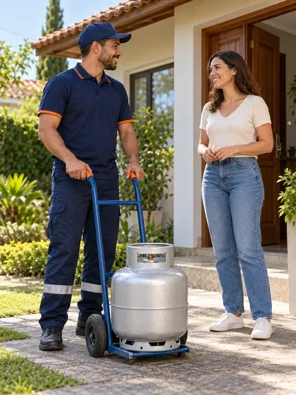 Entregador de revenda parceira entregando um botijão de gás P13 na porta de uma casa