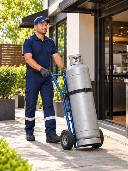 Entregador levando um cilindro de gás P45 em um carrinho até a área externa de um restaurante