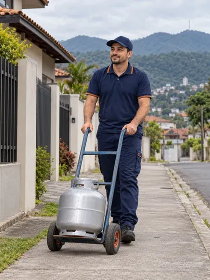 Entregador transportando um botijão P13 em carrinho numa rua residencial de Joinville