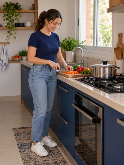 Moradora cozinhando no fogão de casa com uma panela na boca da frente