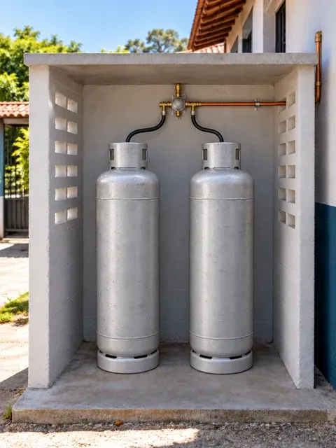 Dois cilindros de gás P45 instalados em abrigo ventilado atrás da cozinha de um restaurante