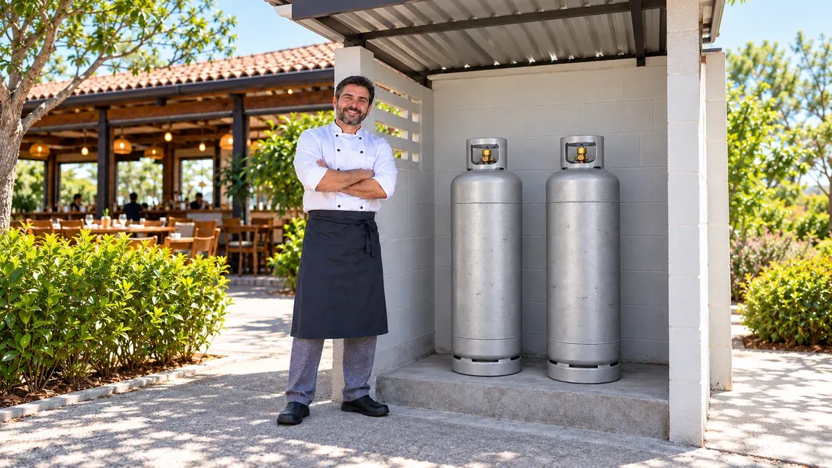 Abrigo externo com botijões P45 atrás de um restaurante