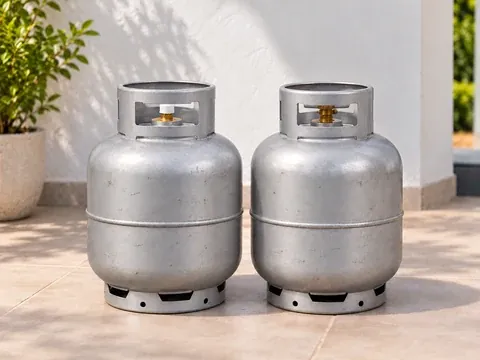Botijão completo novo ao lado de um botijão vazio usado