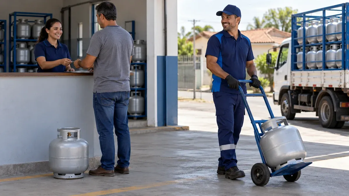 Retirada de gás no balcão de uma revenda e entregador com botijão em carrinho