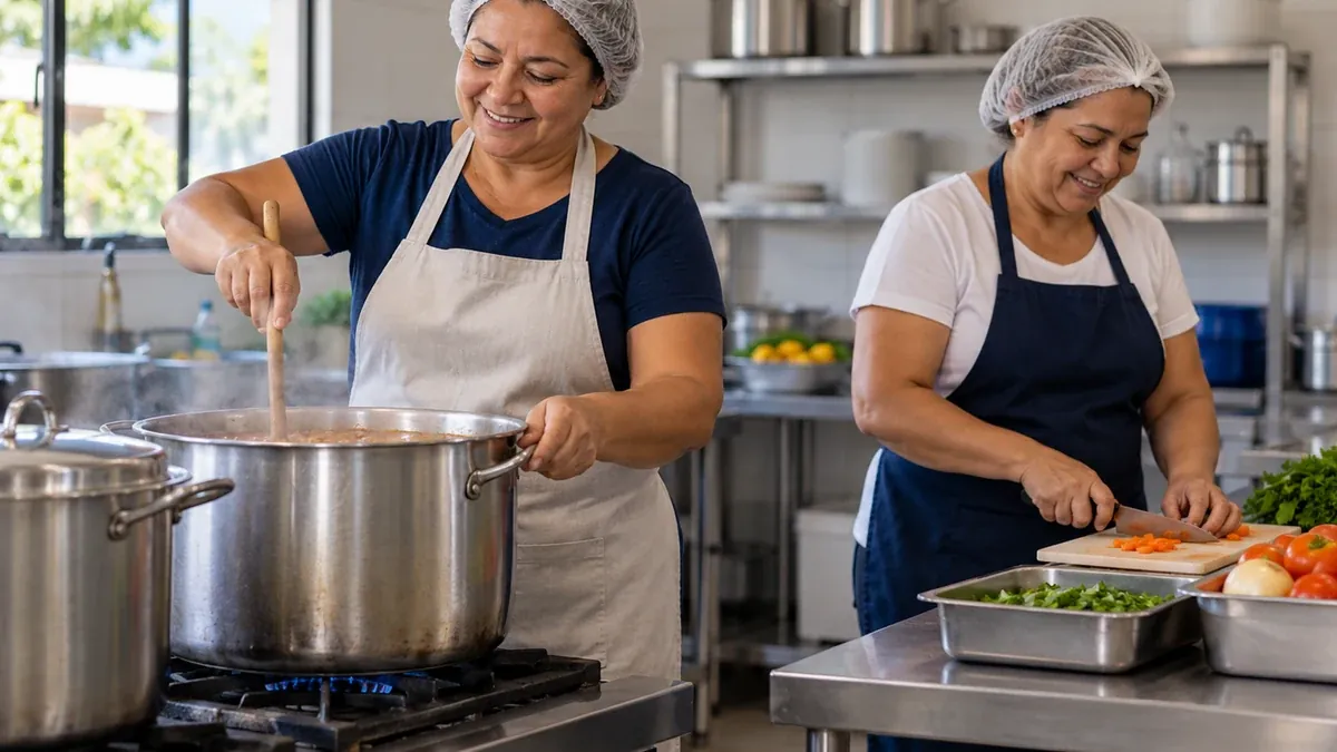 Voluntárias cozinhando em panelões num fogão industrial de cozinha coletiva