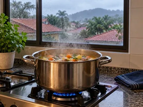 Panela fumegante no fogão em um dia frio de inverno em Joinville