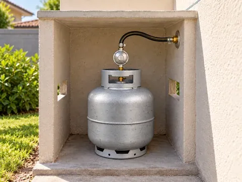Botijão de gás instalado em nicho ventilado ao lado da cozinha