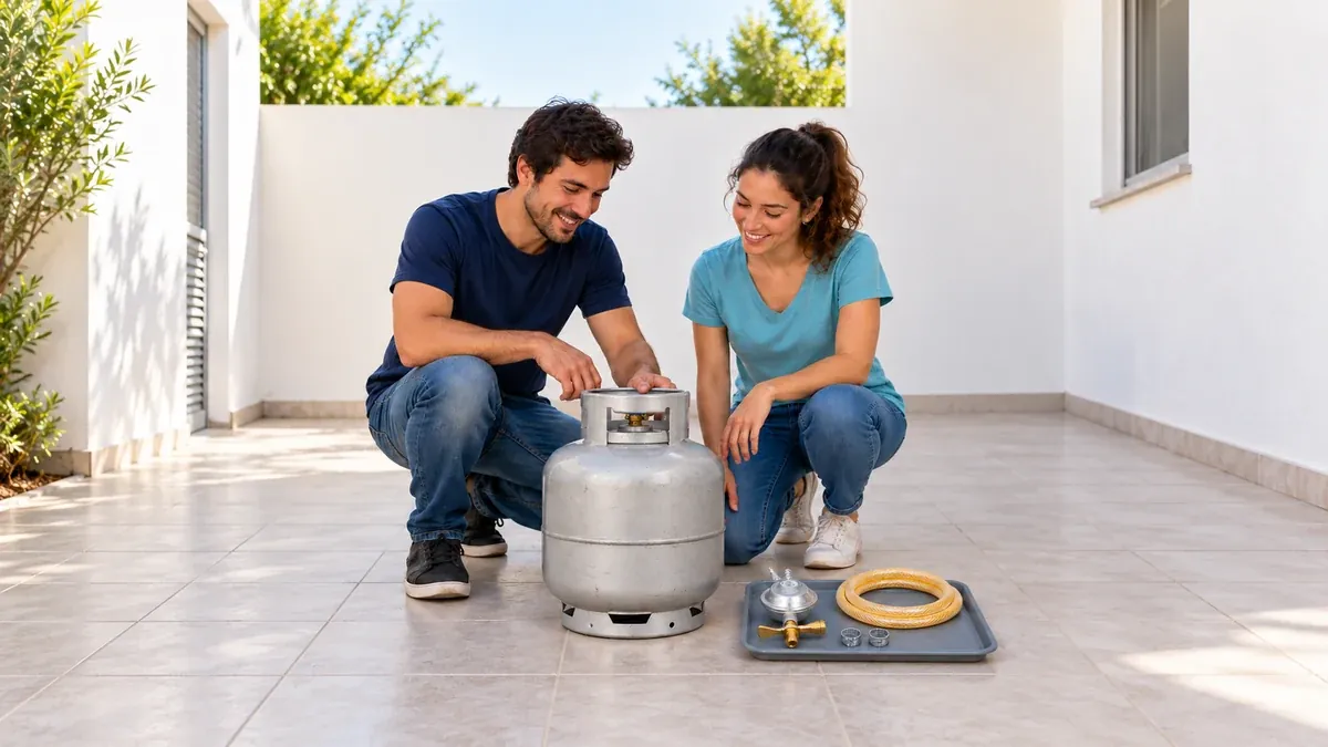 Botijão novo, regulador e mangueira sobre o piso de uma cozinha vazia