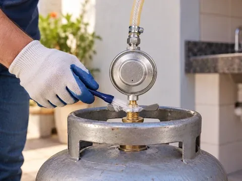 Espuma sendo aplicada no regulador de um botijão para testar vazamento